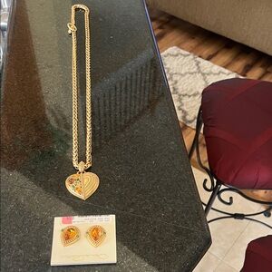 Oscar de la Renta Gold Heart Necklace and Earring Set